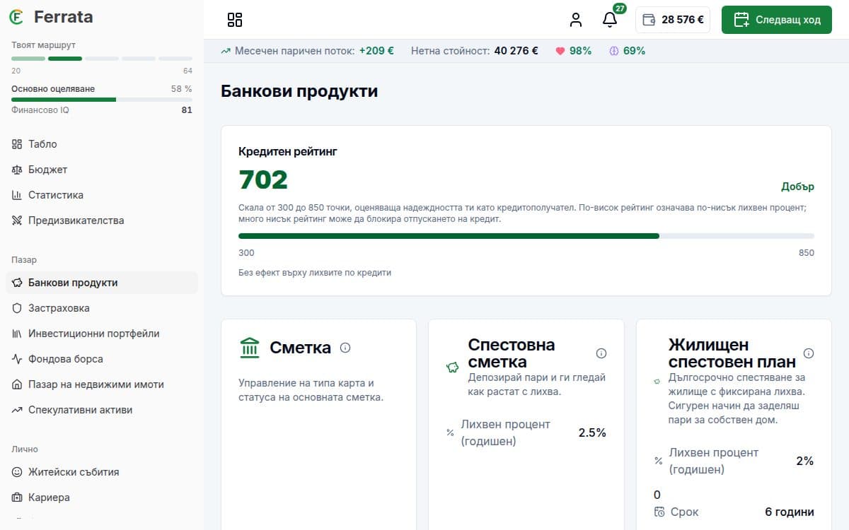 Екранна снимка на функцията — приложение Ferrata: Финансово здраве и точки