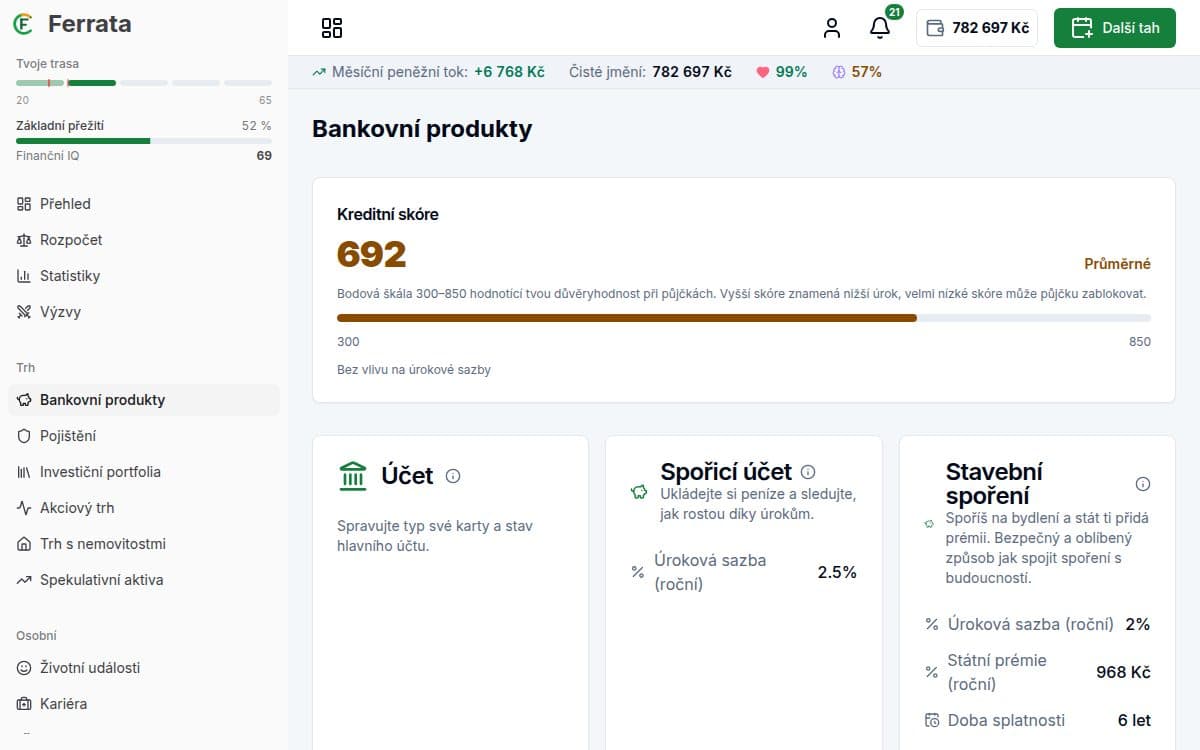 Screenshot funkce — aplikace Ferrata: Finanční zdraví a skóre