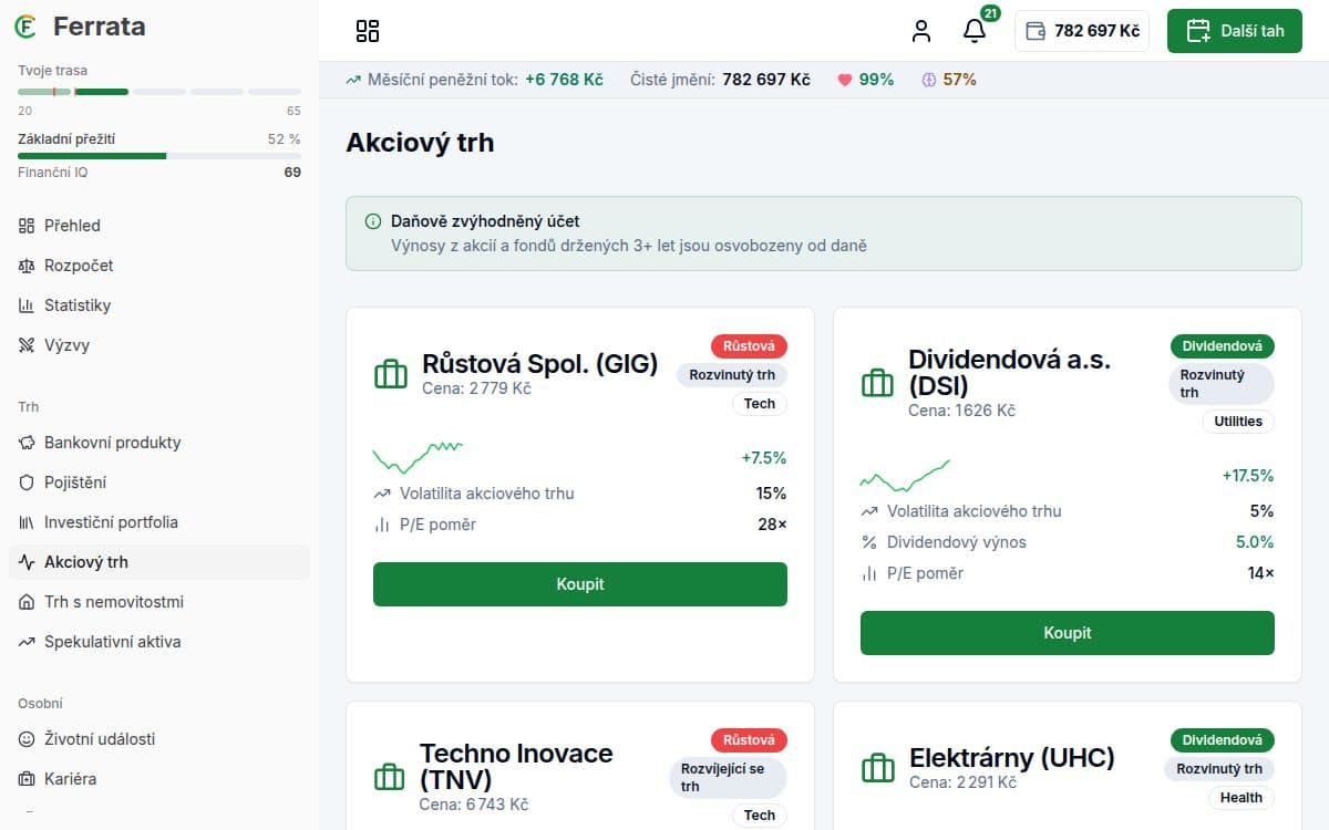Screenshot funkce — aplikace Ferrata: Investiční trh