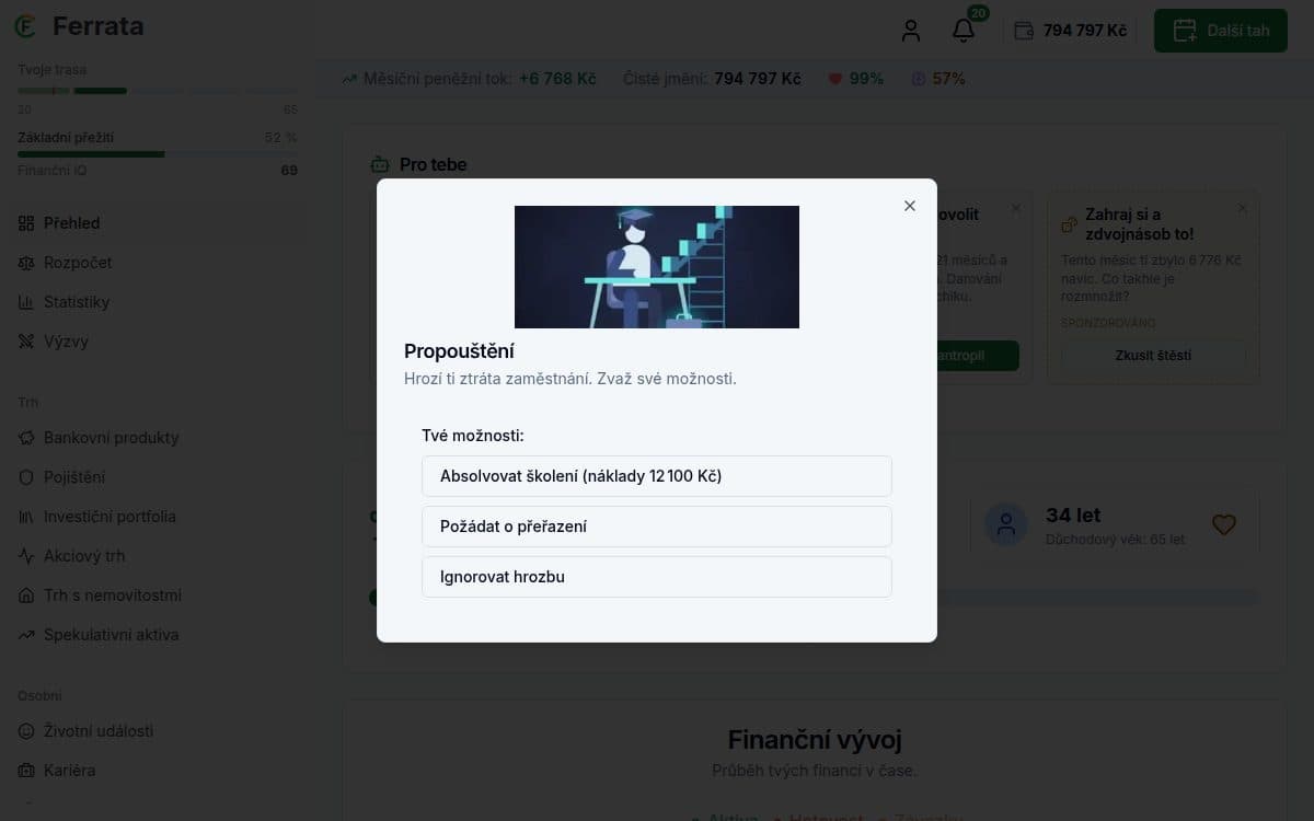 Screenshot funkce — aplikace Ferrata: Životní události