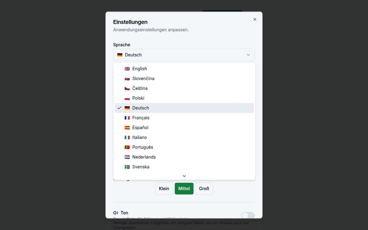 Screenshot einer Funktion — Ferrata-App: 25 Sprachen, 15 Währungen
