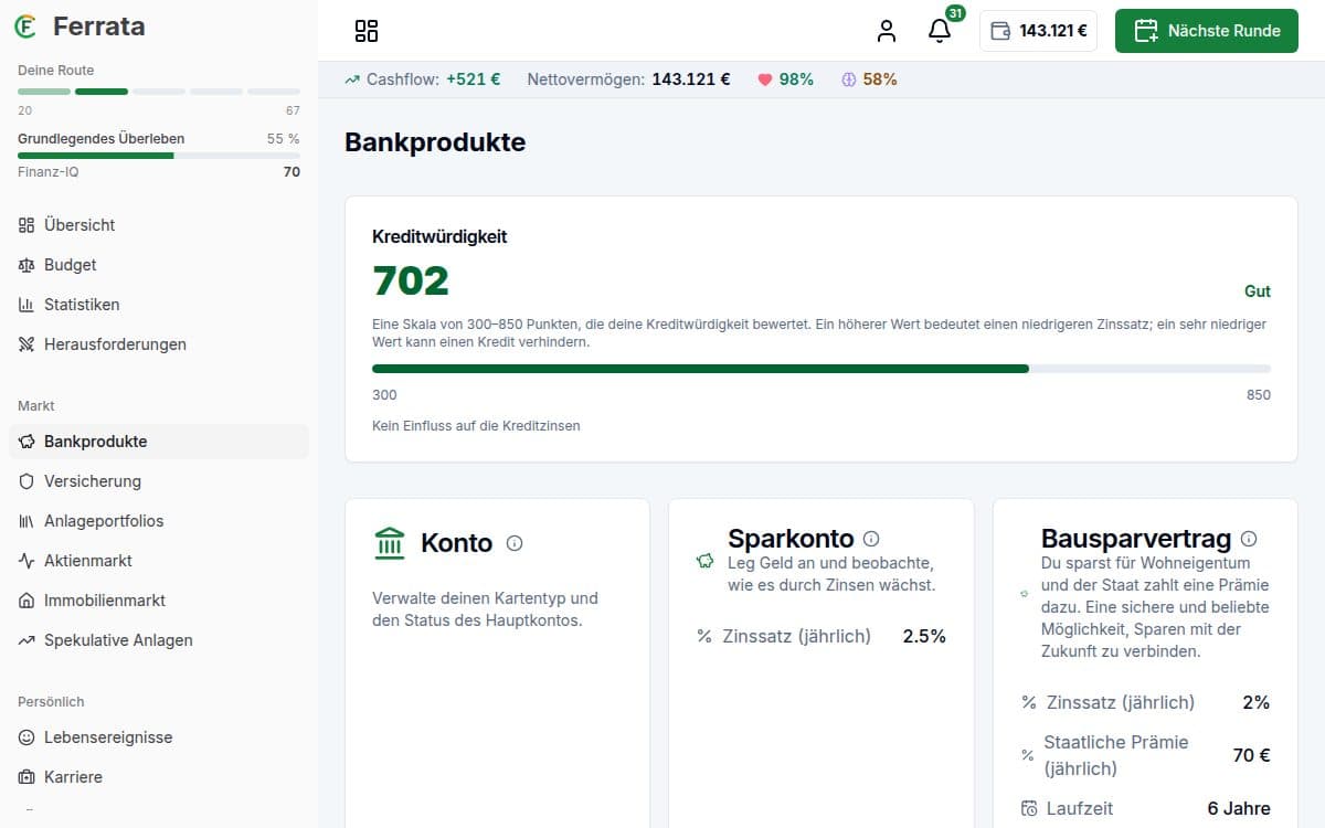 Screenshot einer Funktion — Ferrata-App: Finanzielle Gesundheit und Score