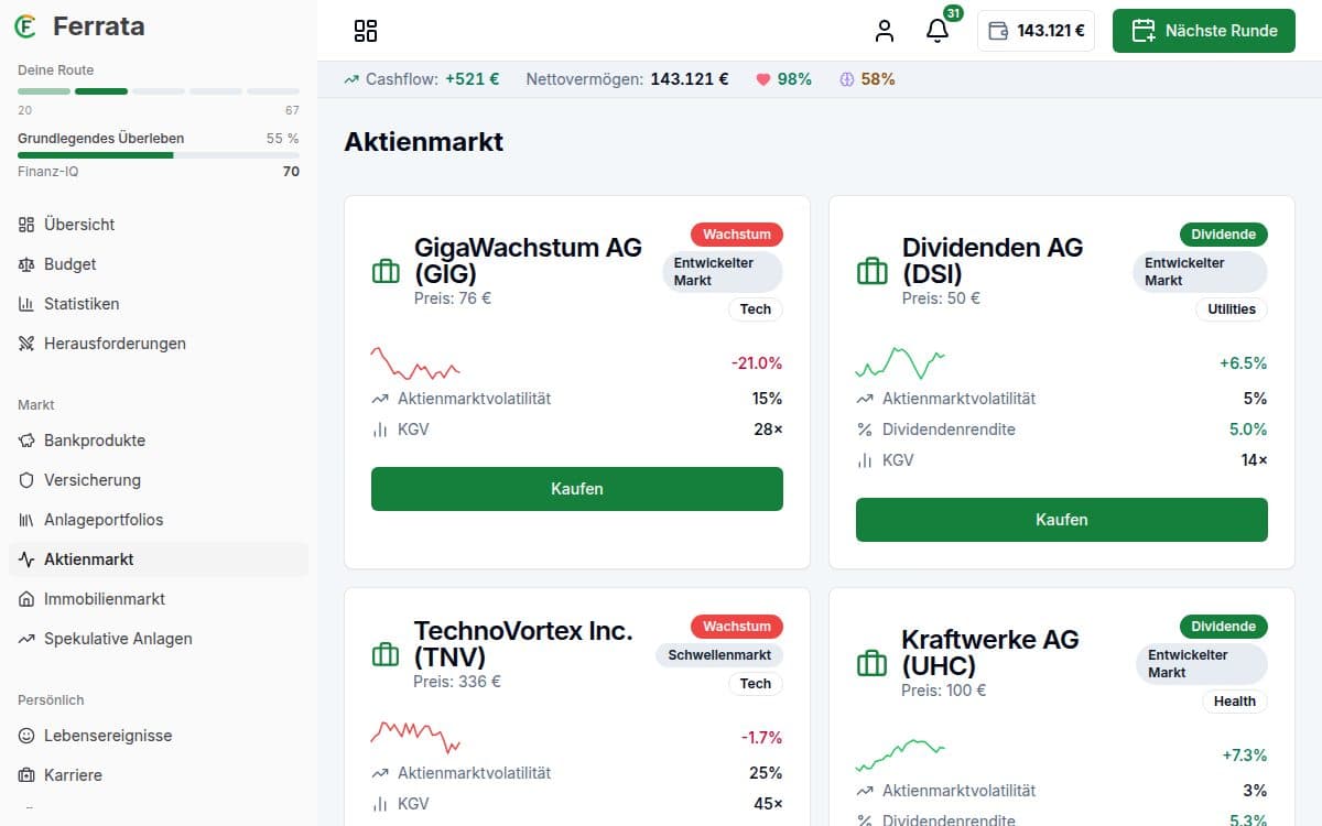 Screenshot einer Funktion — Ferrata-App: Investmentmarkt
