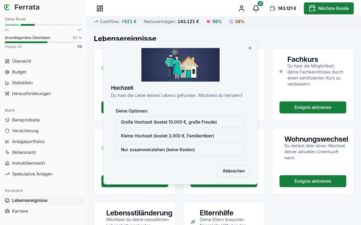 Screenshot einer Funktion — Ferrata-App: Lebensereignisse