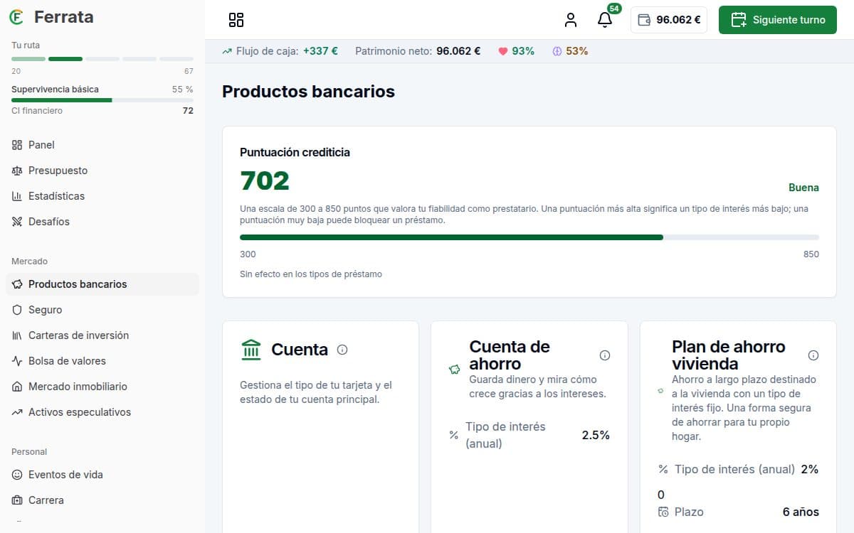 Captura de una función: aplicación Ferrata: Salud financiera y puntuación