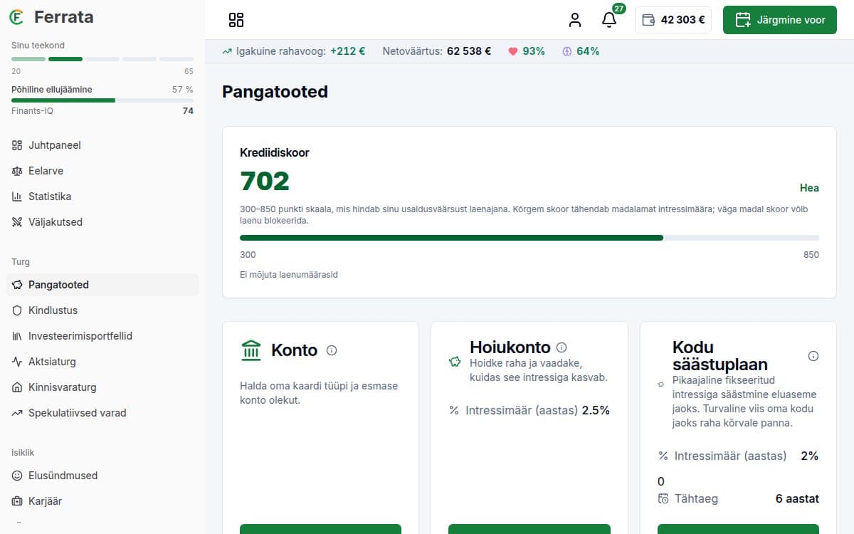Funktsiooni ekraanipilt — rakendus Ferrata: Finantstervis ja punktid