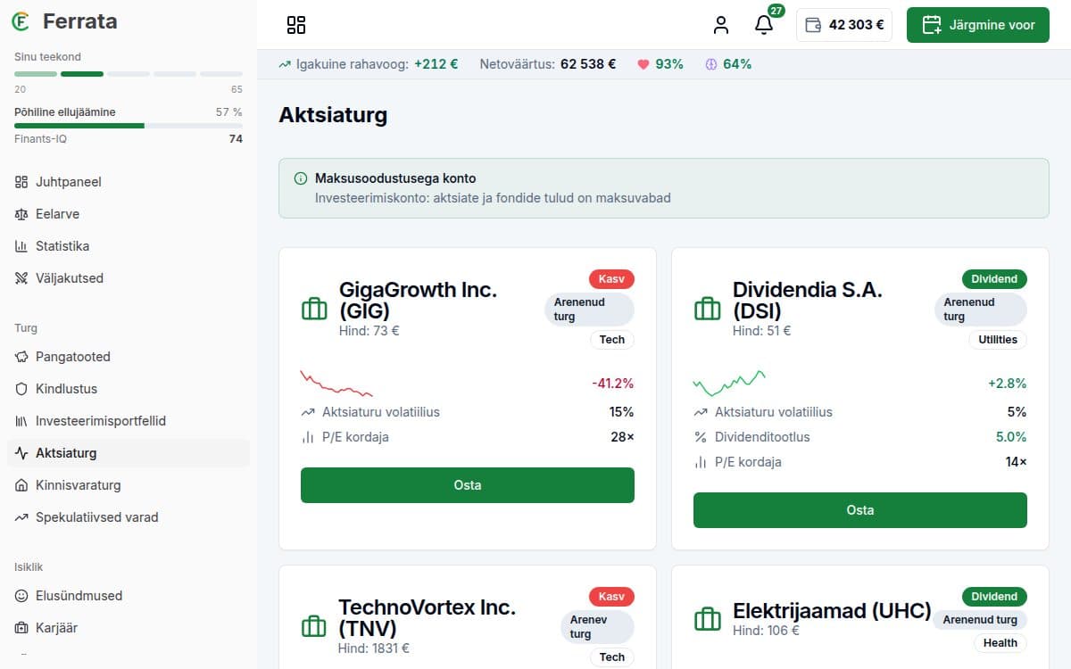 Funktsiooni ekraanipilt — rakendus Ferrata: Investeerimisturg