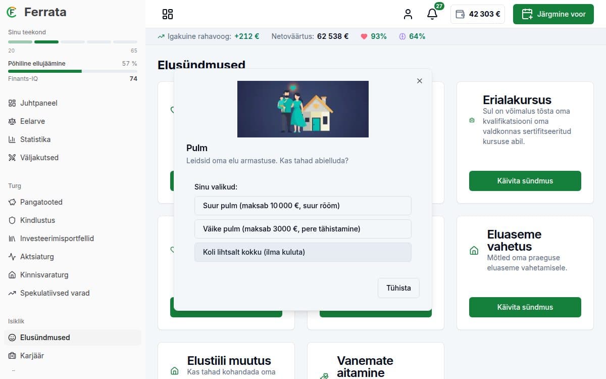 Funktsiooni ekraanipilt — rakendus Ferrata: Elusündmused