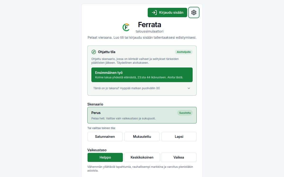 Kuvakaappaus ominaisuudesta — Ferrata-sovellus: 8 pelaskenaariota
