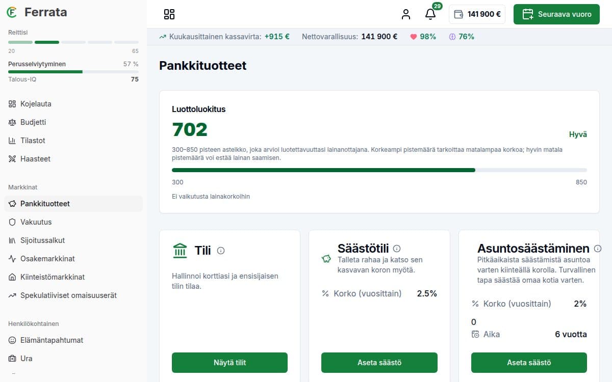 Kuvakaappaus ominaisuudesta — Ferrata-sovellus: Taloudellinen terveys ja pisteet