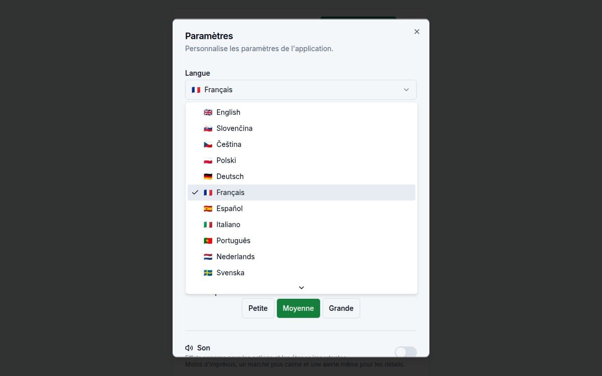 Capture d'écran d'une fonctionnalité — application Ferrata: 25 langues, 15 devises