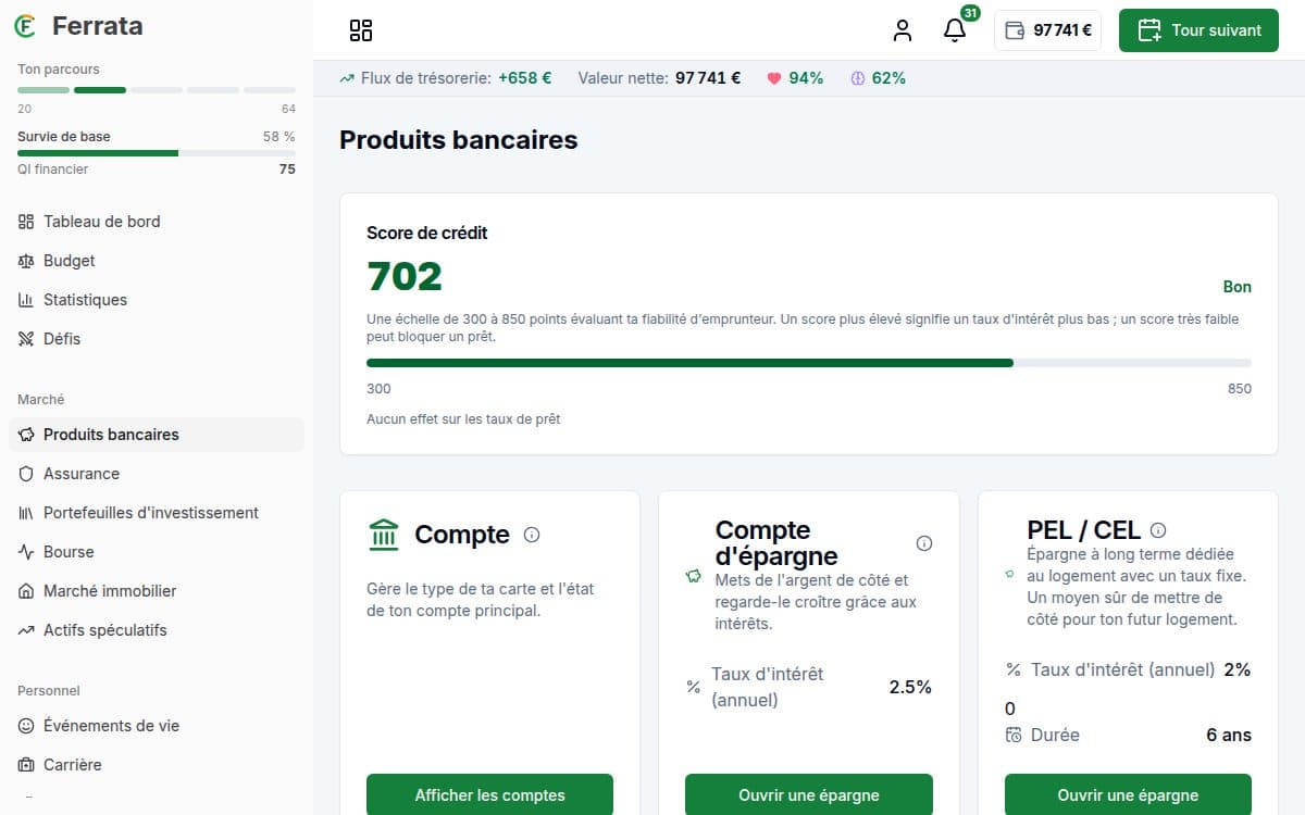 Capture d'écran d'une fonctionnalité — application Ferrata: Santé financière et score