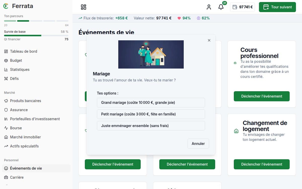 Capture d'écran d'une fonctionnalité — application Ferrata: Événements de la vie