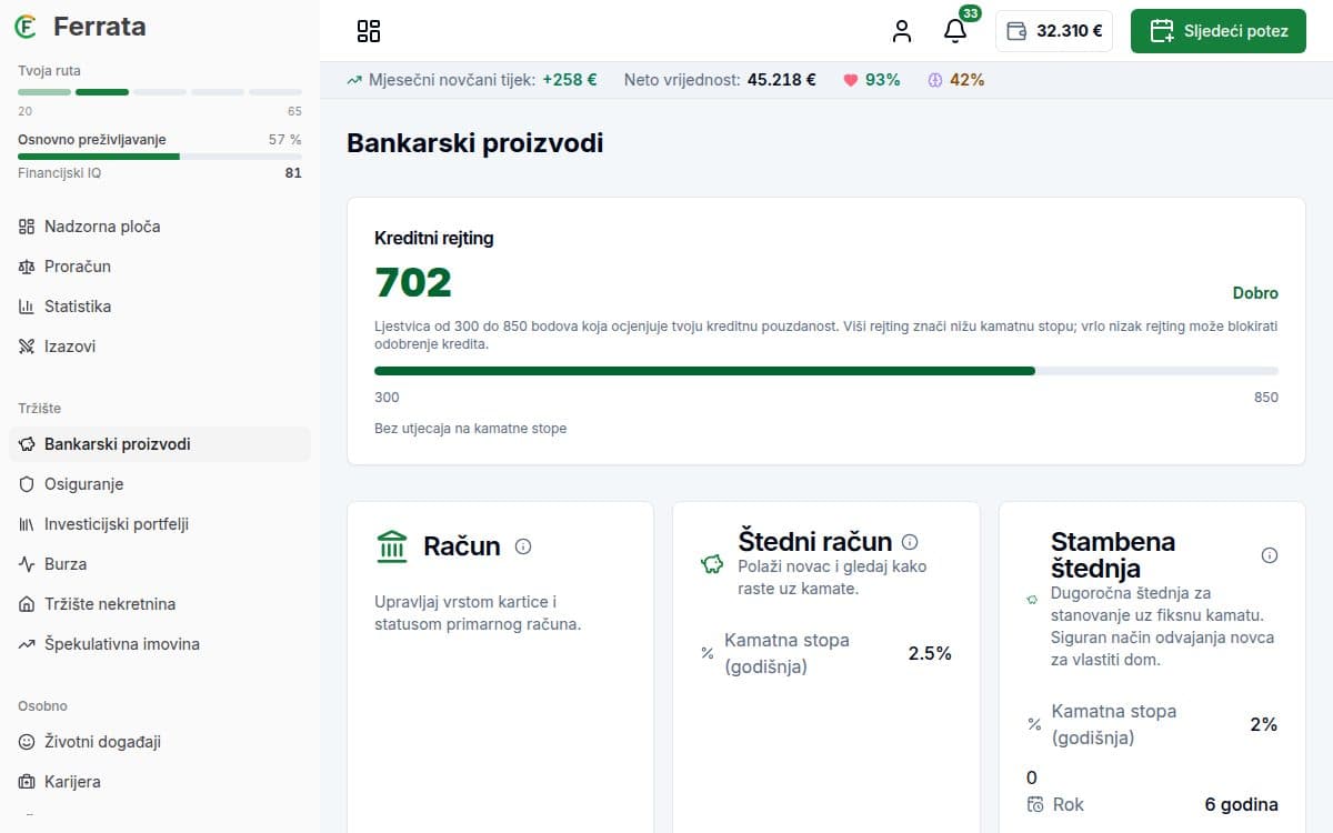Snimka zaslona funkcije — aplikacija Ferrata: Financijsko zdravlje i bodovi