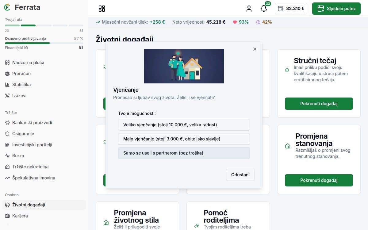 Snimka zaslona funkcije — aplikacija Ferrata: Životni događaji