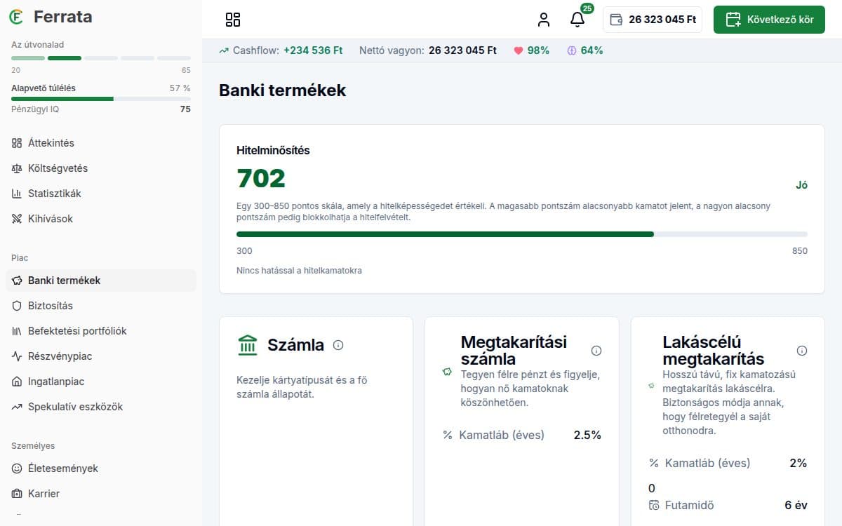 Képernyőkép egy funkcióról — Ferrata alkalmazás: Pénzügyi egészség és pontszám