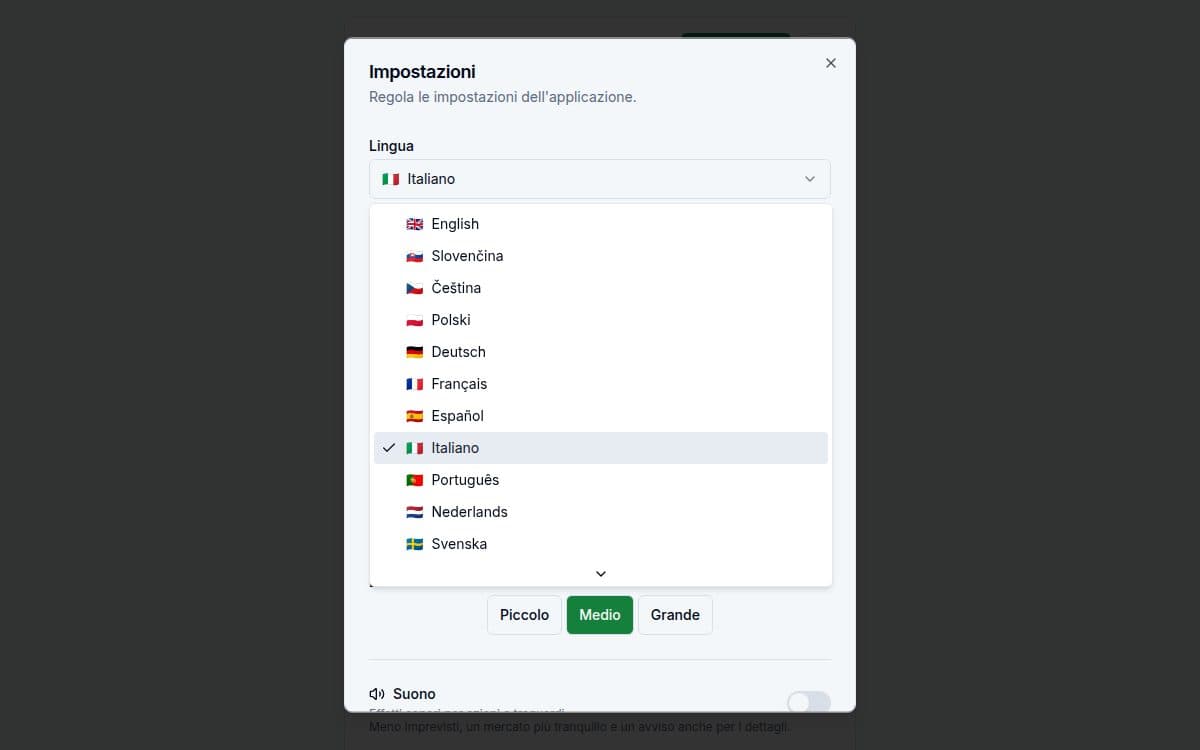Screenshot di una funzionalità — app Ferrata: 25 lingue, 15 valute