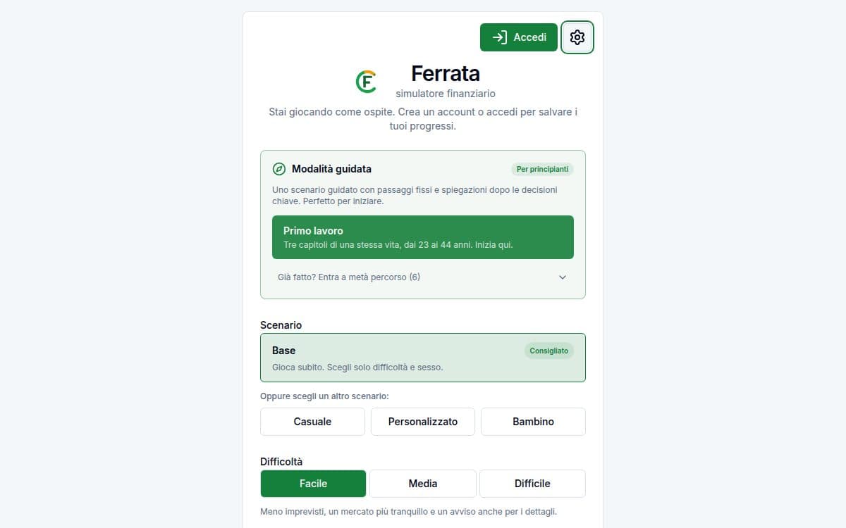 Screenshot di una funzionalità — app Ferrata: 8 scenari di gioco