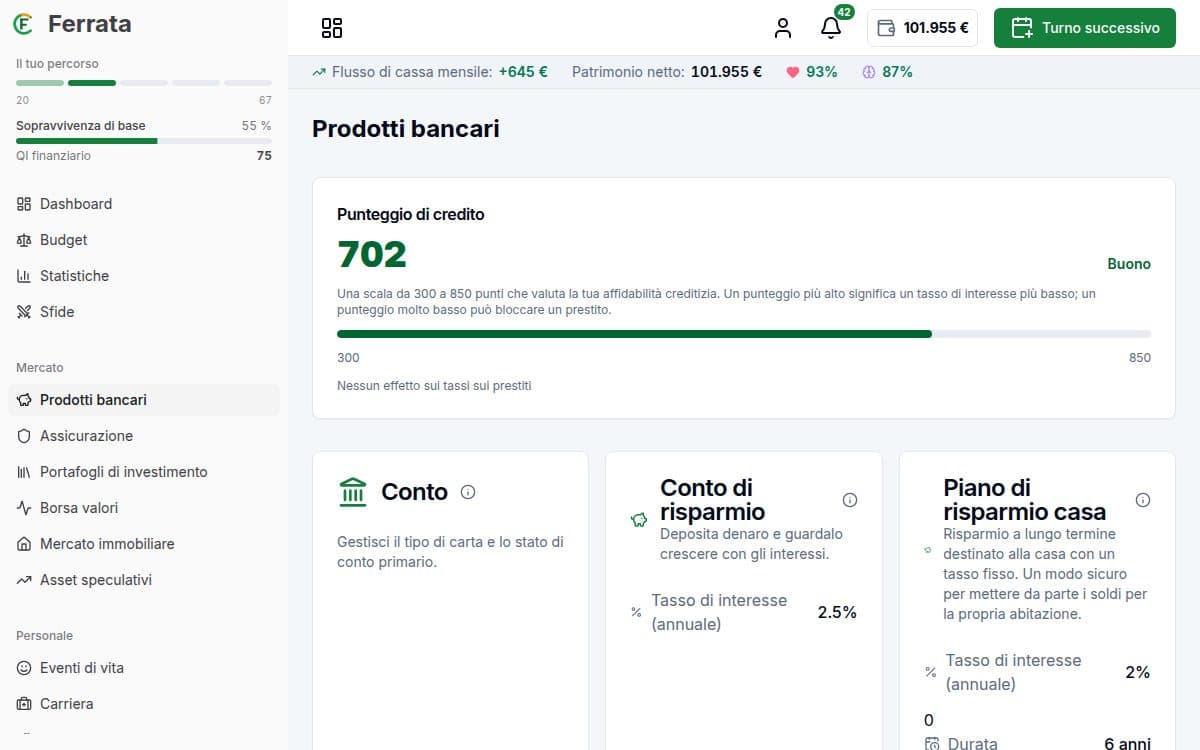 Screenshot di una funzionalità — app Ferrata: Salute finanziaria e punteggio