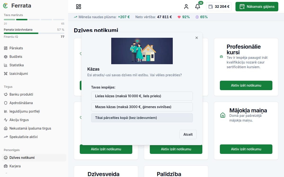 Funkcijas ekrānuzņēmums — lietotne Ferrata: Dzīves notikumi