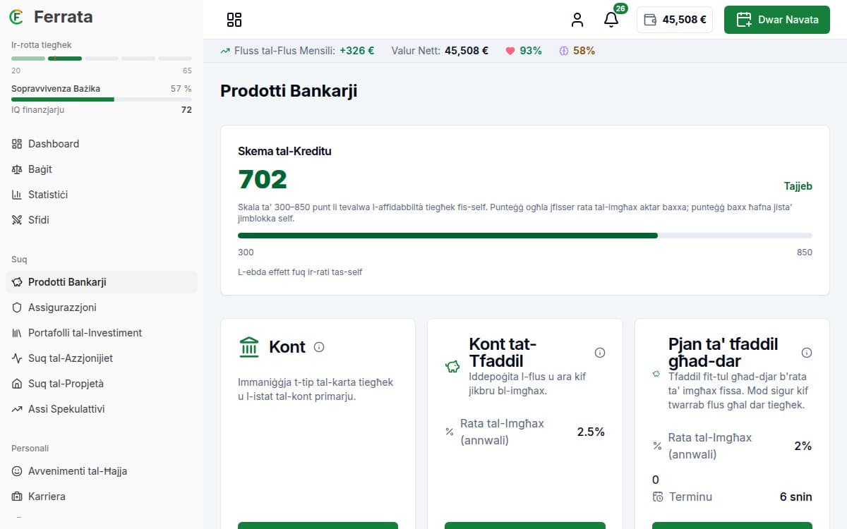 Screenshot tal-funzjoni — l-app Ferrata: Saħħa finanzjarja u punteġġ