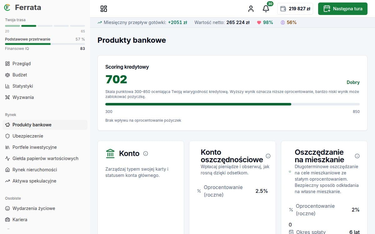 Zrzut ekranu funkcji — aplikacja Ferrata: Zdrowie finansowe i scoring