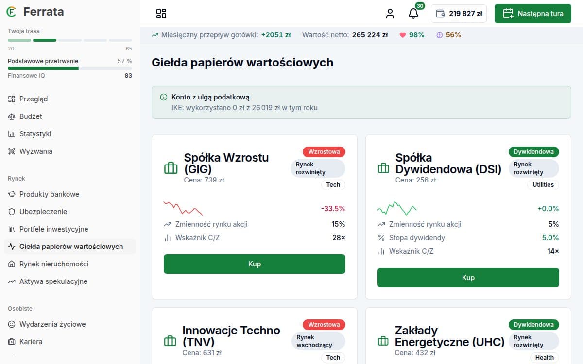 Zrzut ekranu funkcji — aplikacja Ferrata: Rynek inwestycyjny