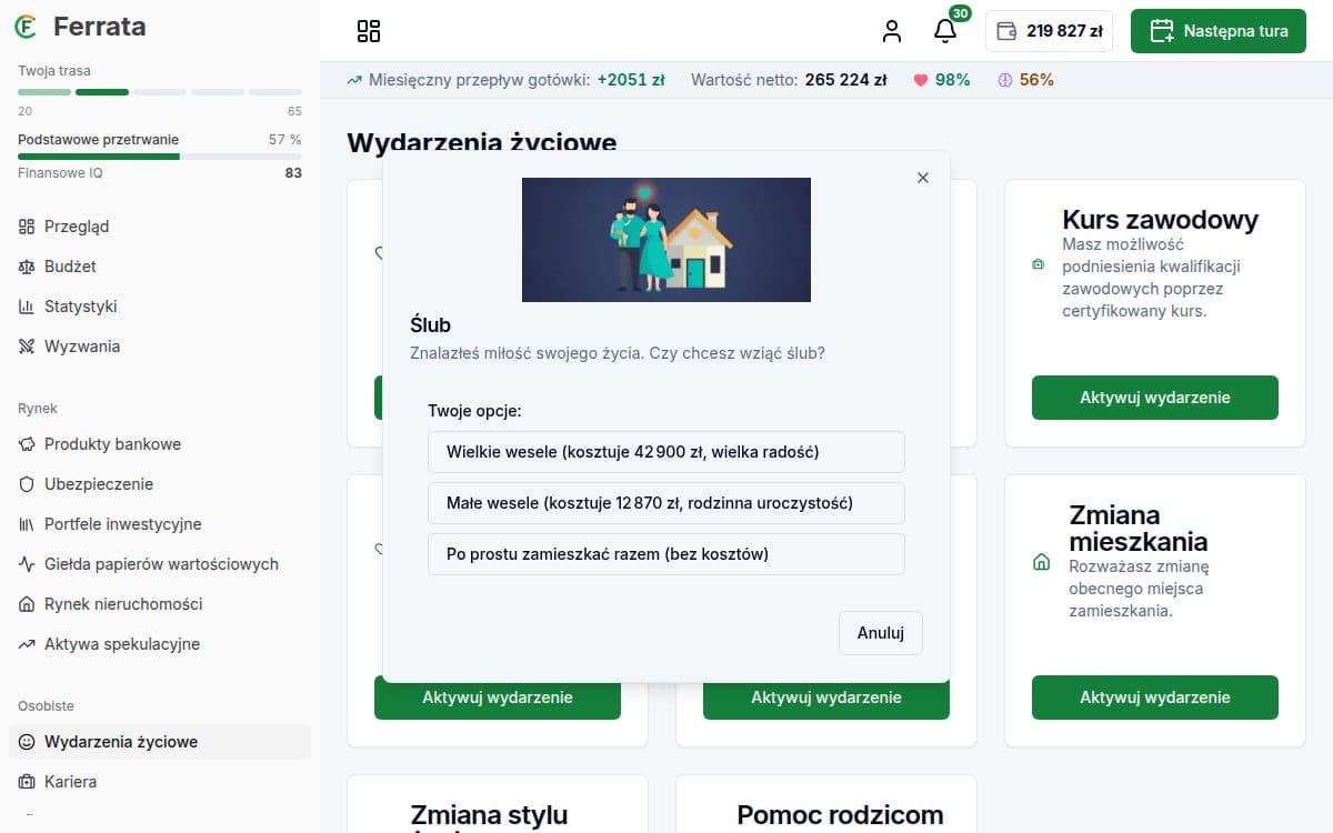 Zrzut ekranu funkcji — aplikacja Ferrata: Wydarzenia życiowe