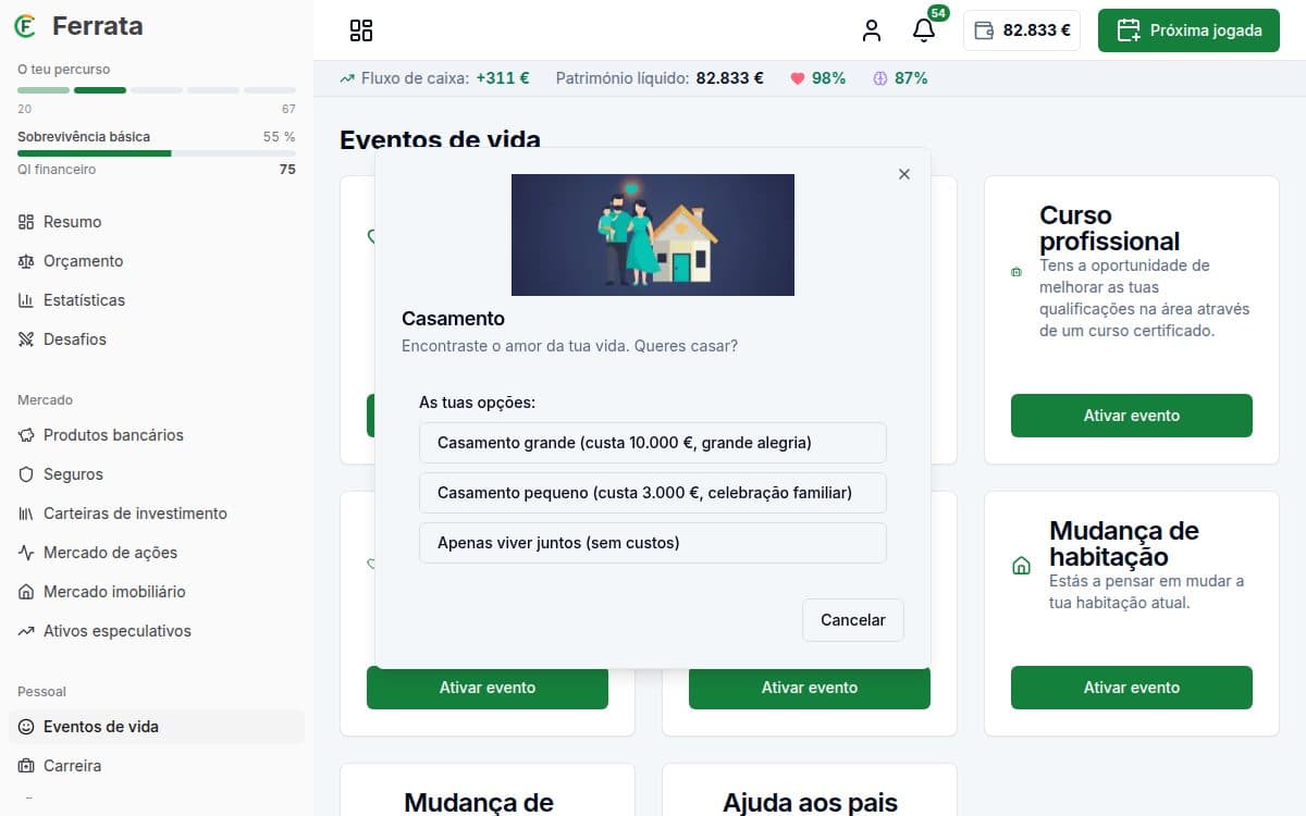 Captura de ecrã da funcionalidade — aplicação Ferrata: Acontecimentos de vida