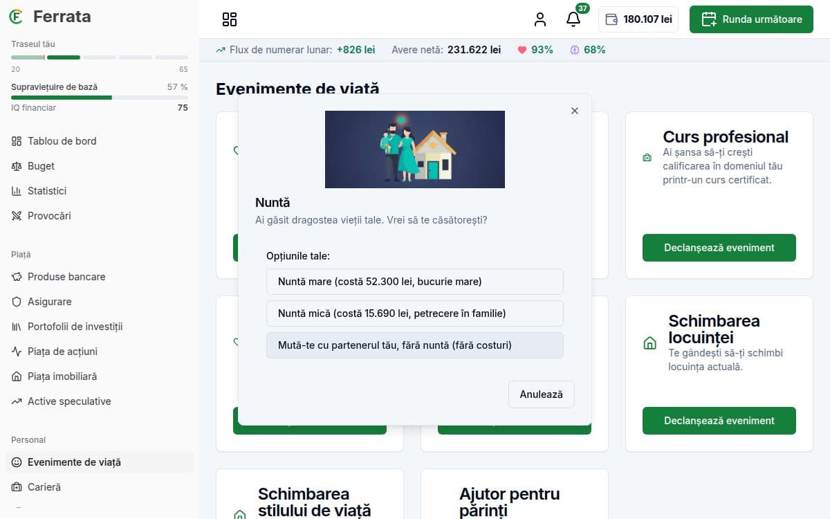 Captură de ecran a unei funcții — aplicația Ferrata: Evenimente de viață