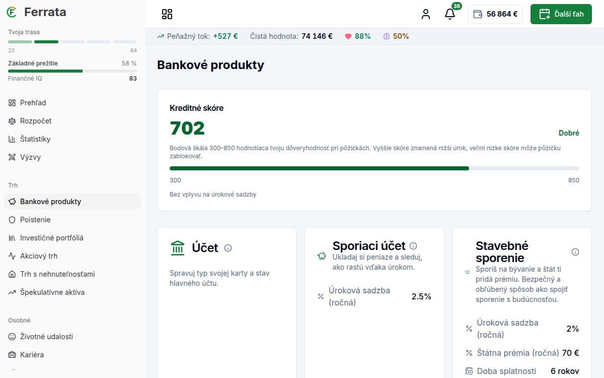 Screenshot funkcie — aplikácia Ferrata: Finančné zdravie a skóre