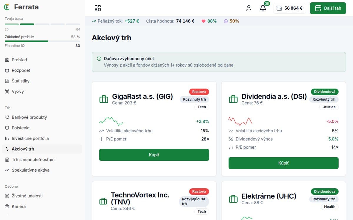 Screenshot funkcie — aplikácia Ferrata: Investičný trh