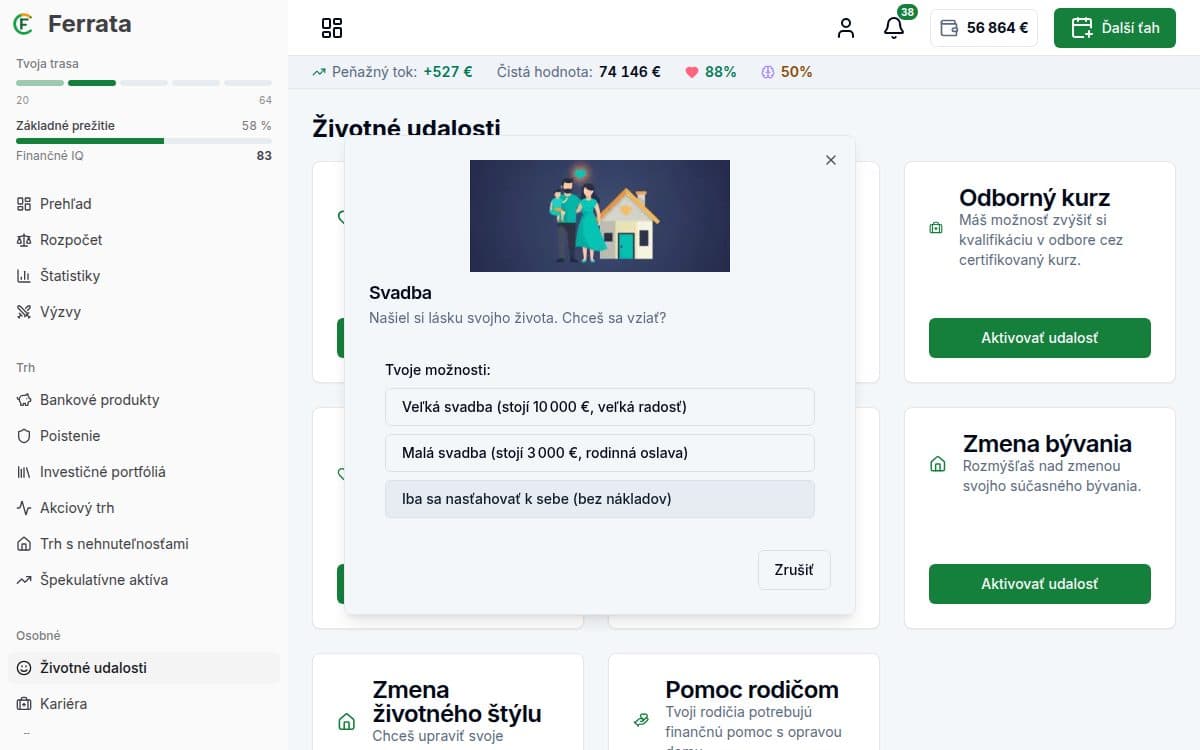 Screenshot funkcie — aplikácia Ferrata: Životné udalosti