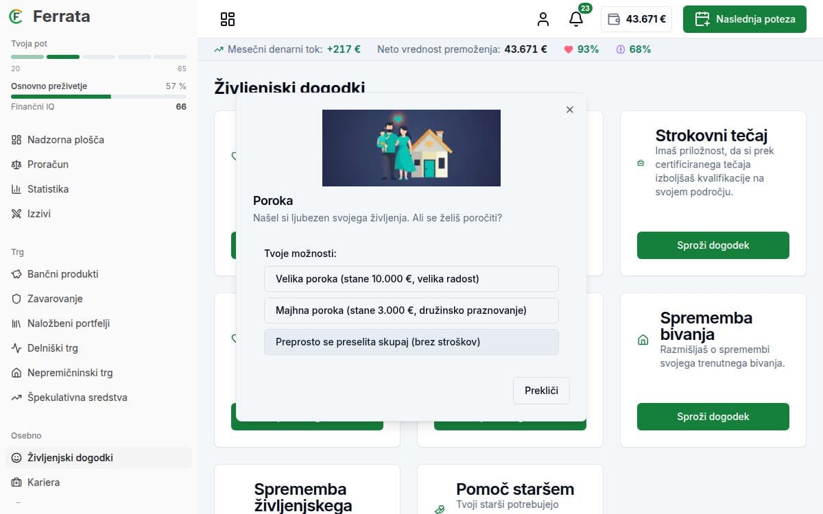 Posnetek zaslona funkcije — aplikacija Ferrata: Življenjski dogodki