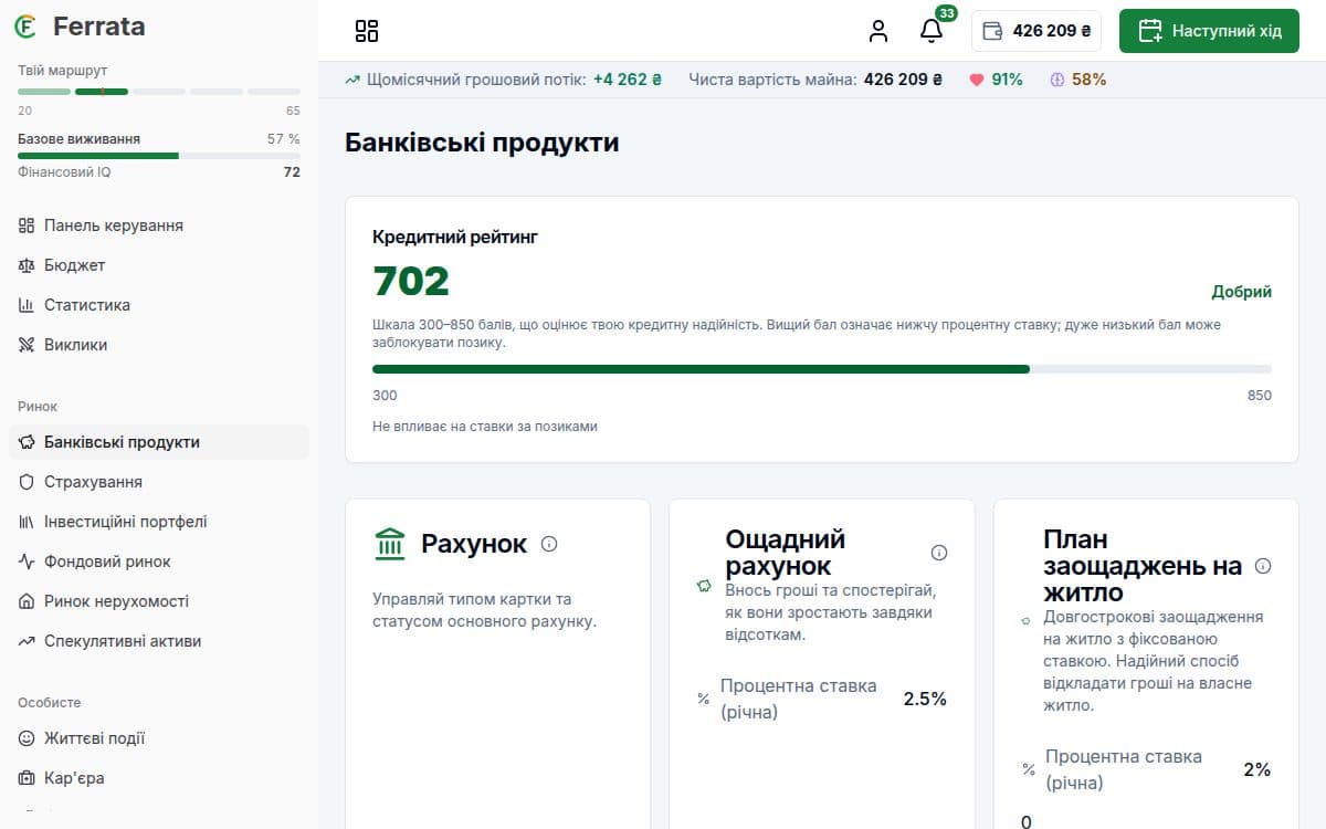 Знімок екрана функції — застосунок Ferrata: Фінансове здоров'я та бали